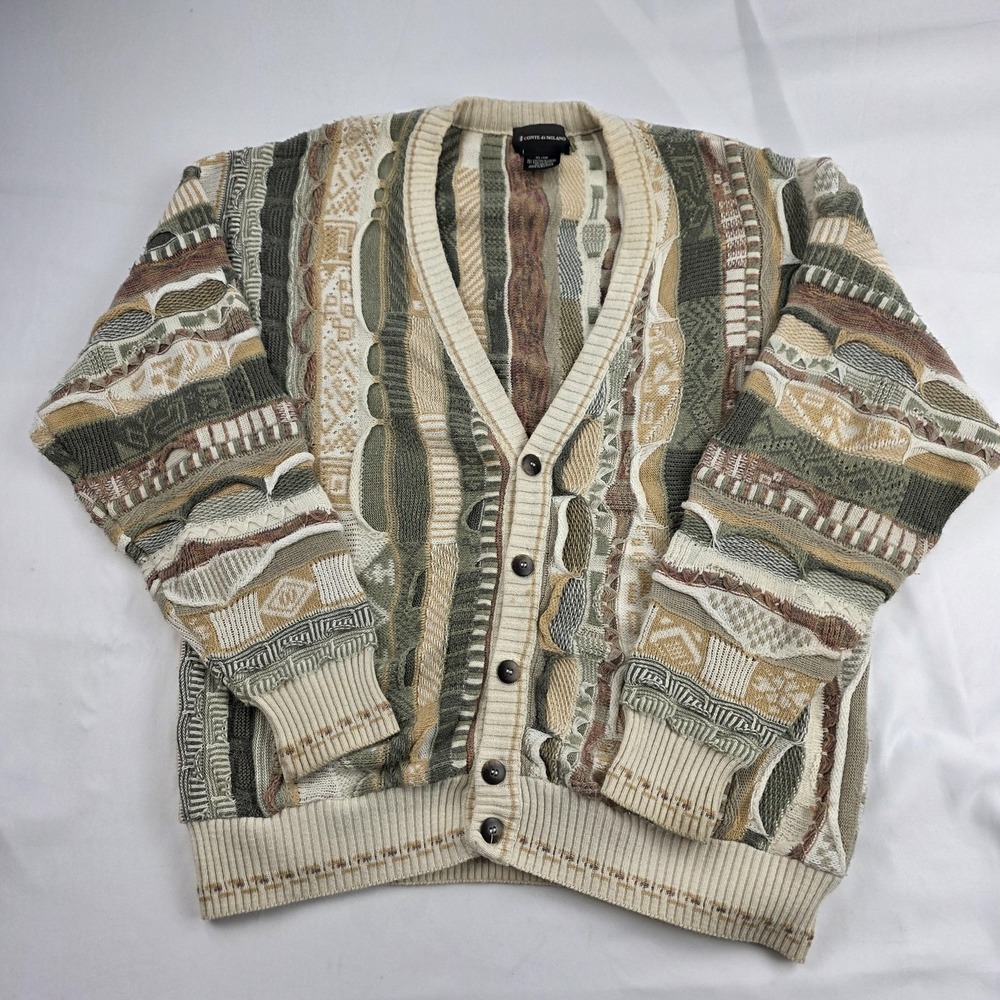 Vintage Conte Di Milano Sweater Mens XL Multicolor 3D Knit Coogi Style Cardigan